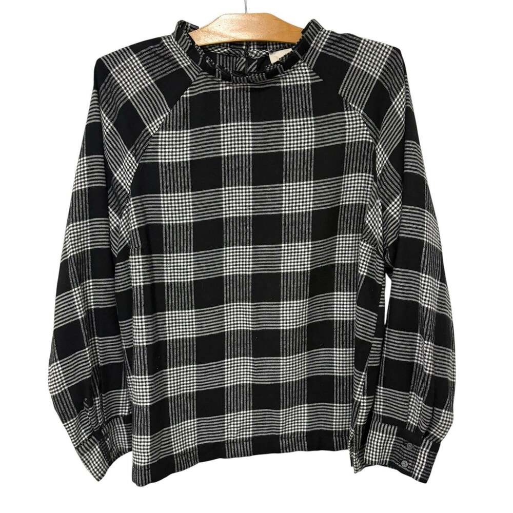 Ann Taylor LOFT | Top Flannel Black White Plaid Long Sleeve- Size Large